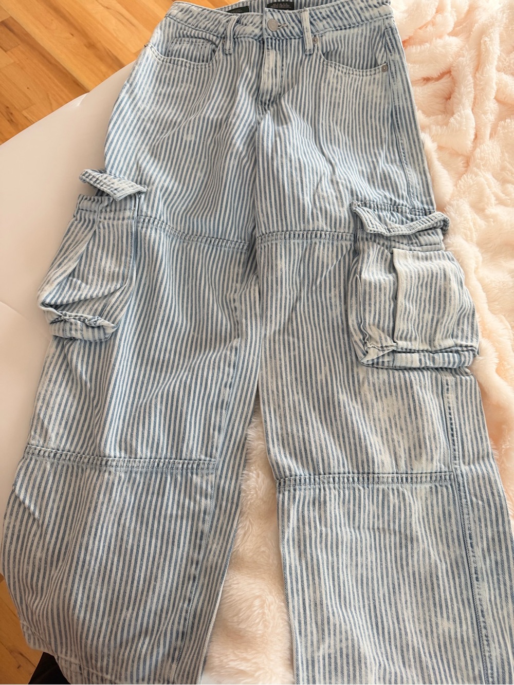 wild fable Light Blue & White Striped Wide Leg Cargo Jeans